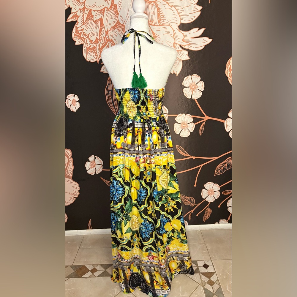 NWT Luxurious Italian Bright Yellow Halter Maxi Dress with Lemon & Floral Print - Picture 6 of 8